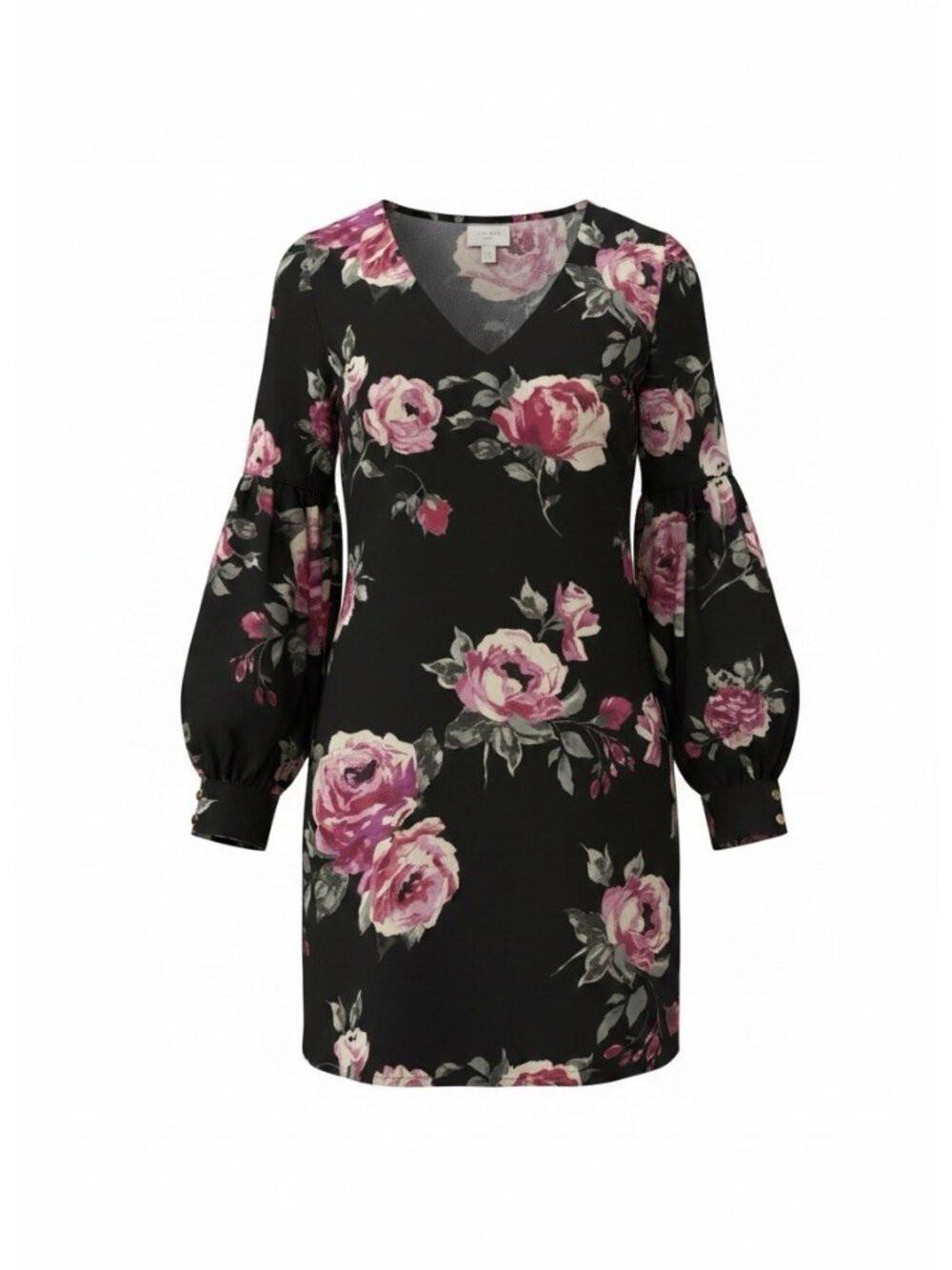 Everly Women's Black Floral V-Neck Long Cuff Sleeve A-Line Short Dress Small
